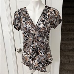 Susan Lawrence Y2K Black and Brown Paisley V-Neck Blouse Size P Large